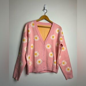 Floral Cardigan Sweater Women M Long Sleeve Pink Floral Barbiecore Old Money